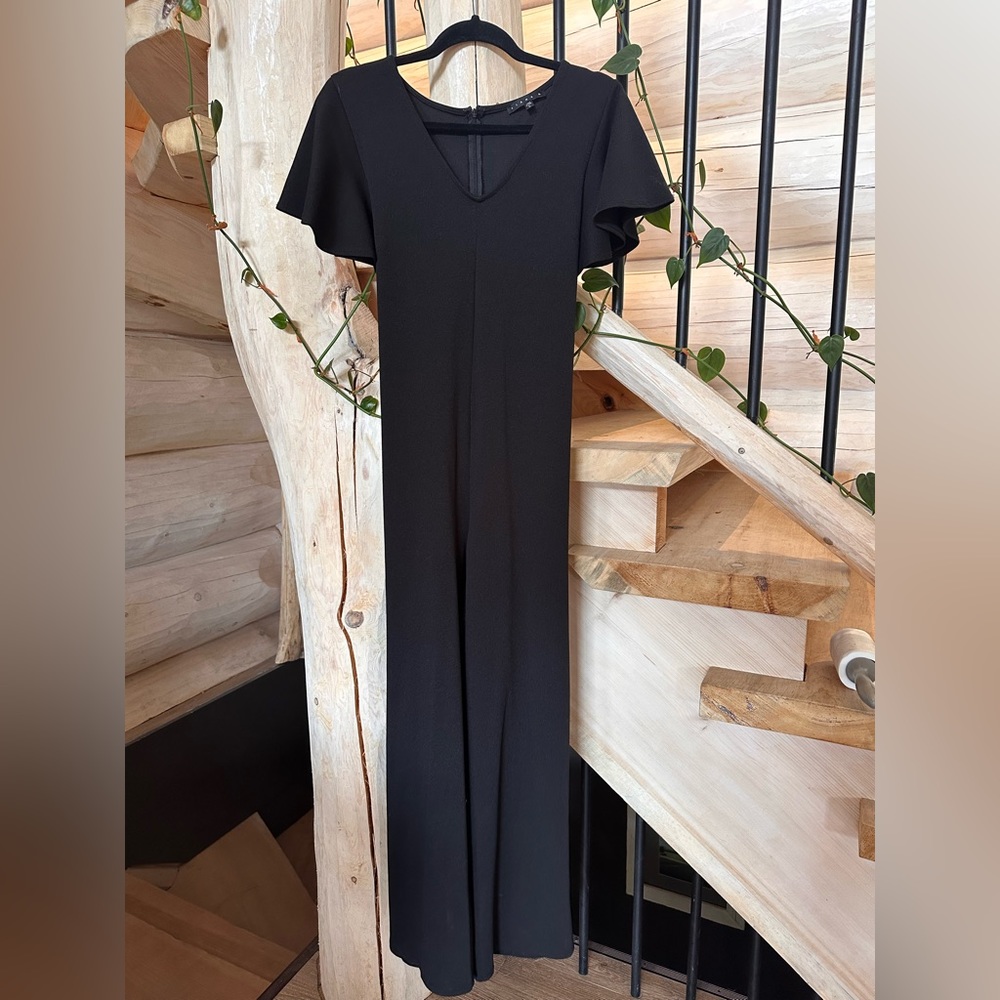 Black Wide Leg Jumpsuit with flattering Sleeve and Tie Waist. Size L